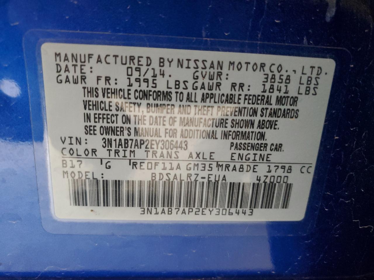 2014 Nissan Sentra S VIN: 3N1AB7AP2EY306443 Lot: 65383735