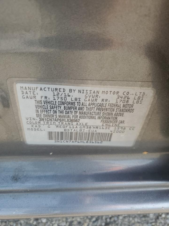 2017 Nissan Versa S VIN: 3N1CN7AP6HL836562 Lot: 64522395