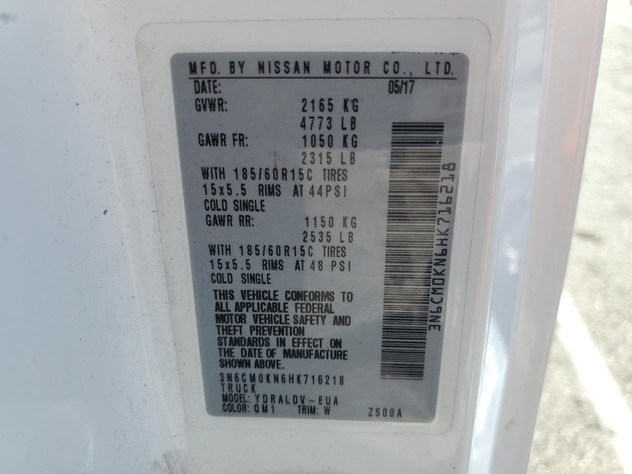 2017 Nissan Nv200 2.5S VIN: 3N6CM0KN6HK716218 Lot: 62955305