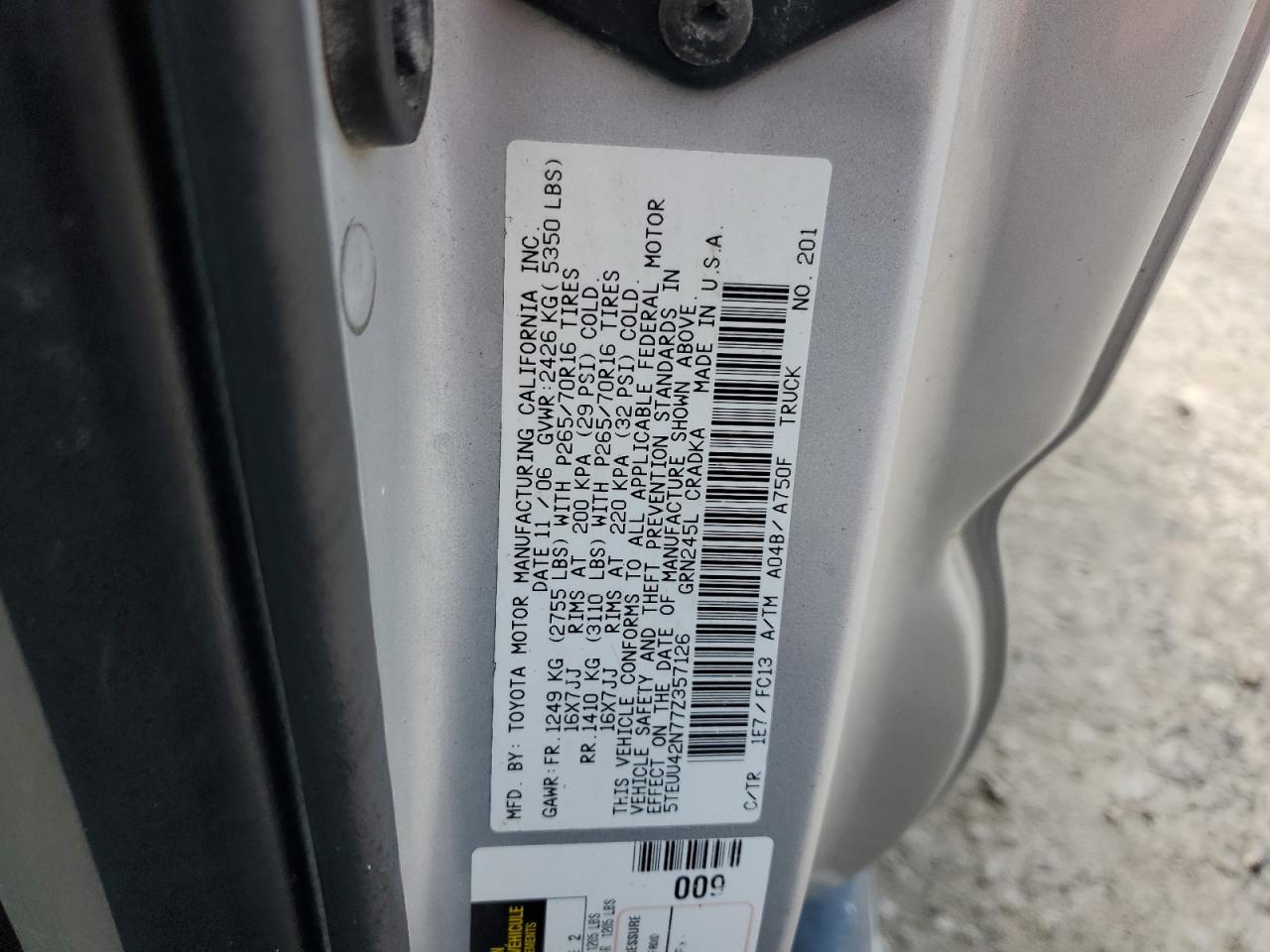 2007 Toyota Tacoma Access Cab VIN: 5TEUU42N77Z357126 Lot: 64956655