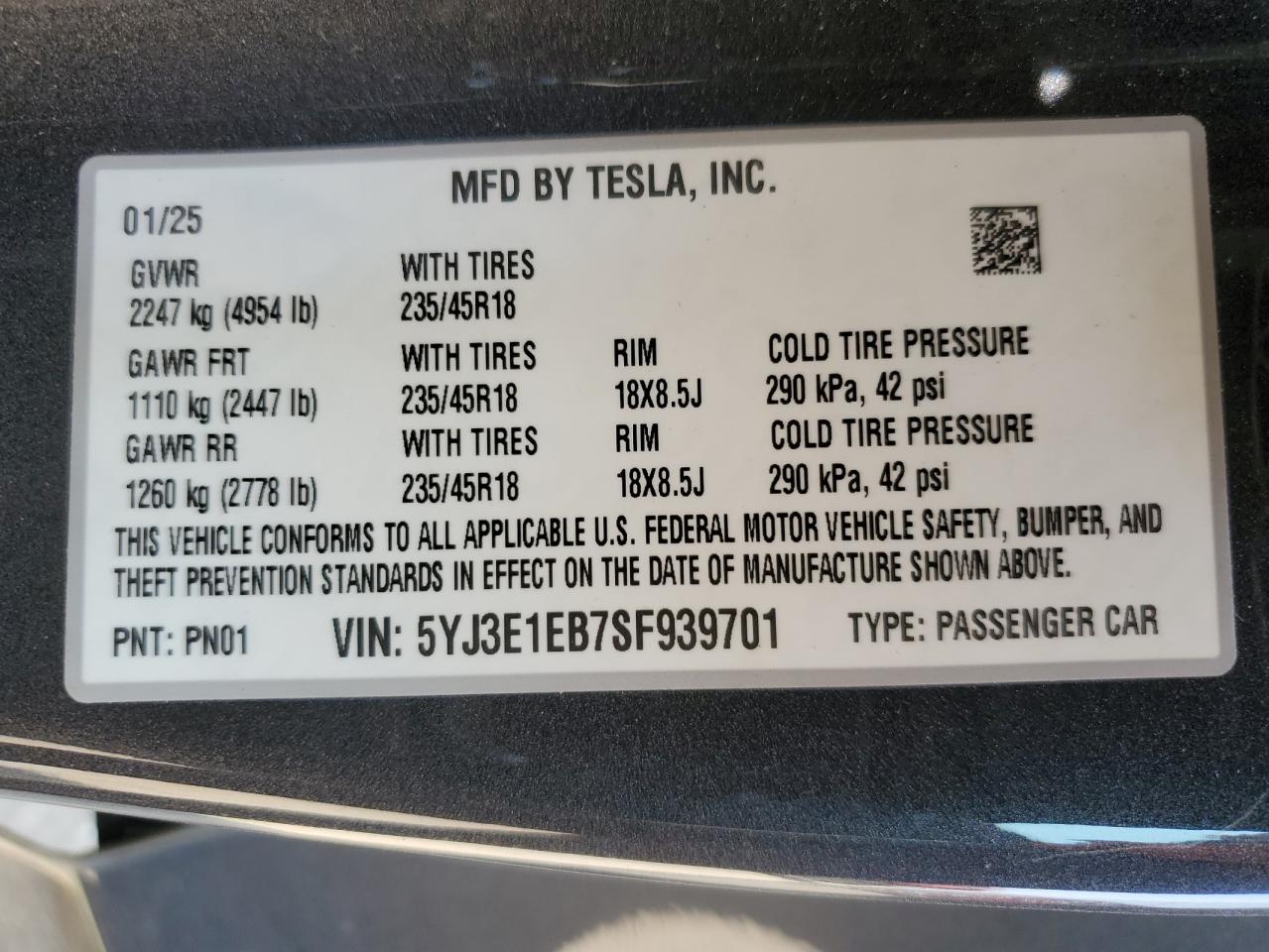 2025 Tesla Model 3 VIN: 5YJ3E1EB7SF939701 Lot: 64576575