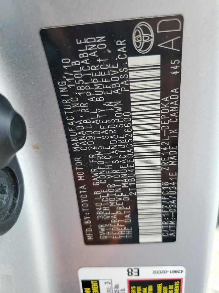 2010 Toyota Corolla Base VIN: 2T1BU4EE0AC526600 Lot: 64800455