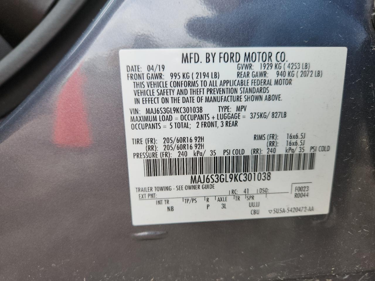 2019 Ford Ecosport Se VIN: MAJ6S3GL9KC301038 Lot: 65315315