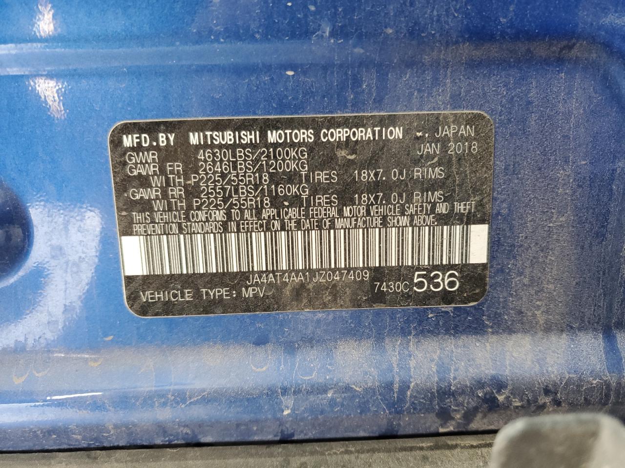 2018 Mitsubishi Eclipse Cross Le VIN: JA4AT4AA1JZ047409 Lot: 66335415