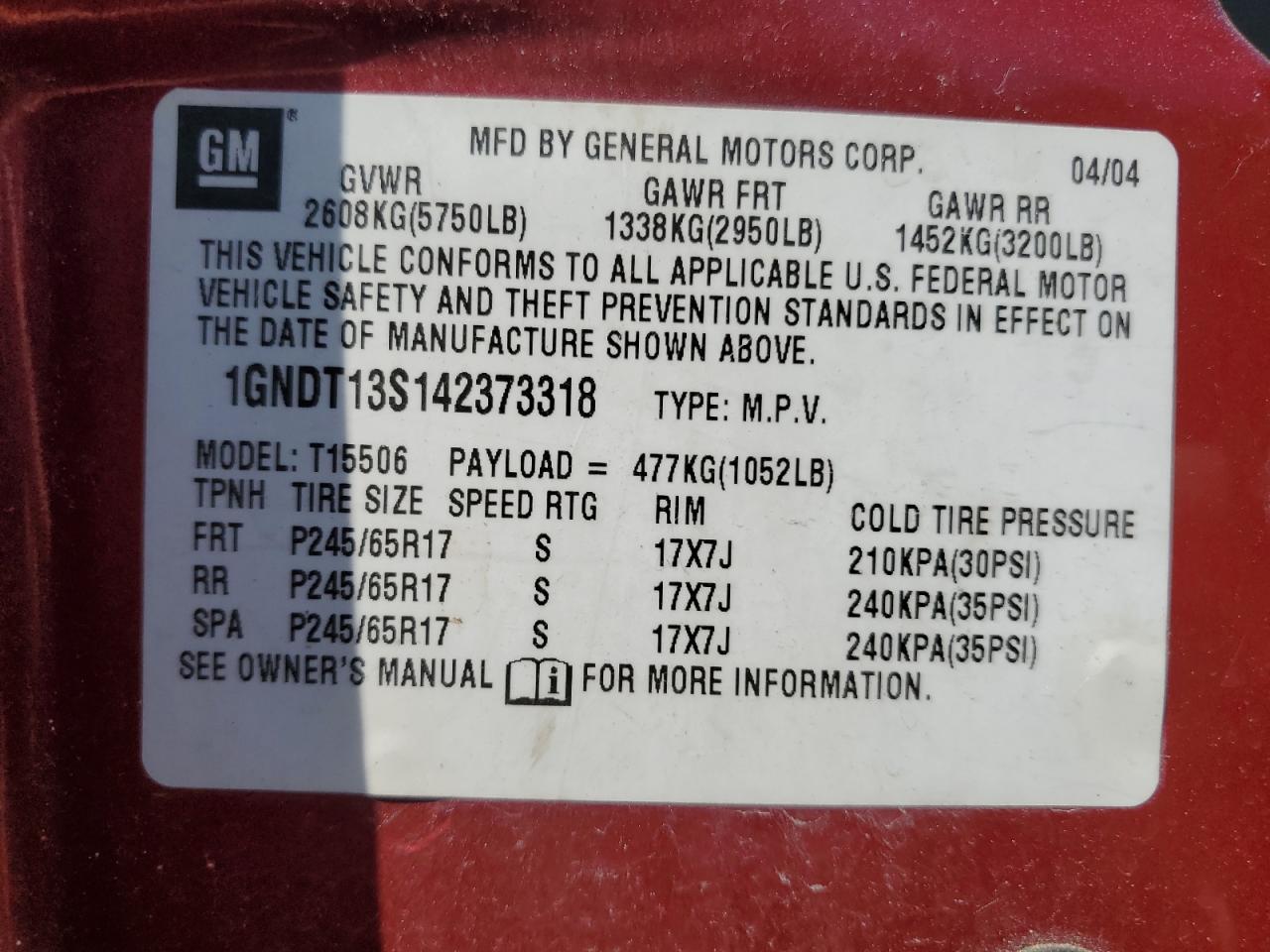 1gndt13s142373318 1GNDT13S142373318 2004 Chevrolet Trailblazer Ls