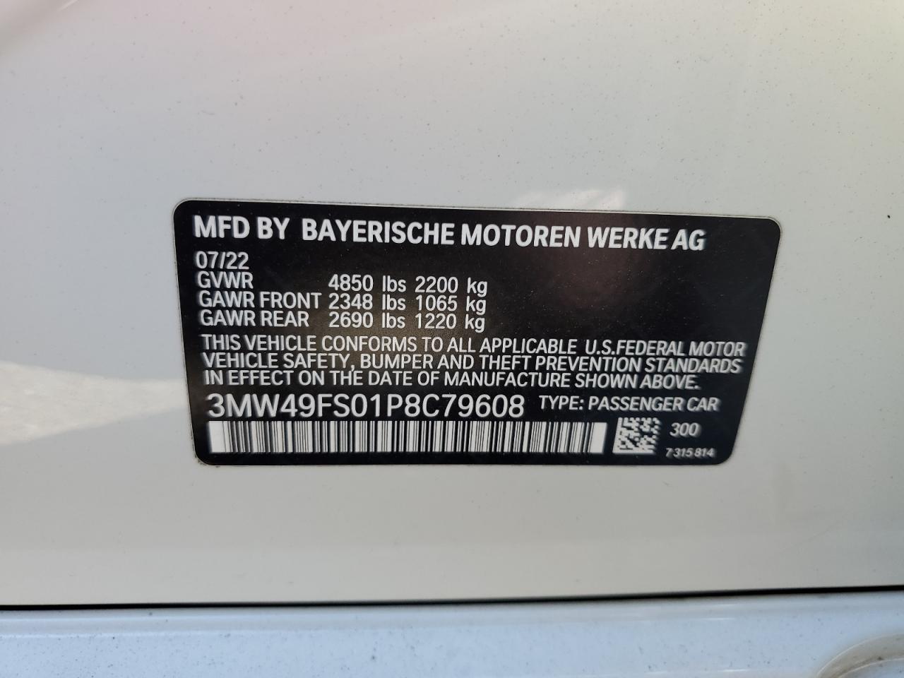 2023 BMW M340I VIN: 3MW49FS01P8C79608 Lot: 64213075