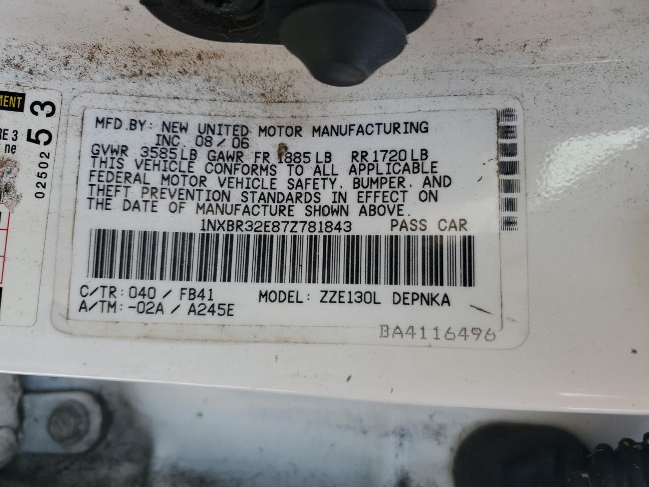 2007 Toyota Corolla Ce VIN: 1NXBR32E87Z781843 Lot: 65407185