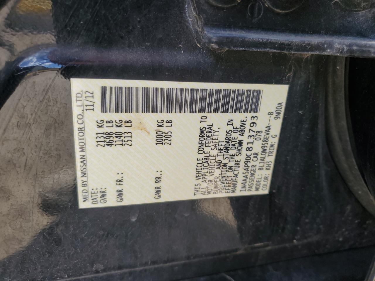 2013 Nissan Maxima S VIN: 1N4AA5AP9DC813793 Lot: 63324245