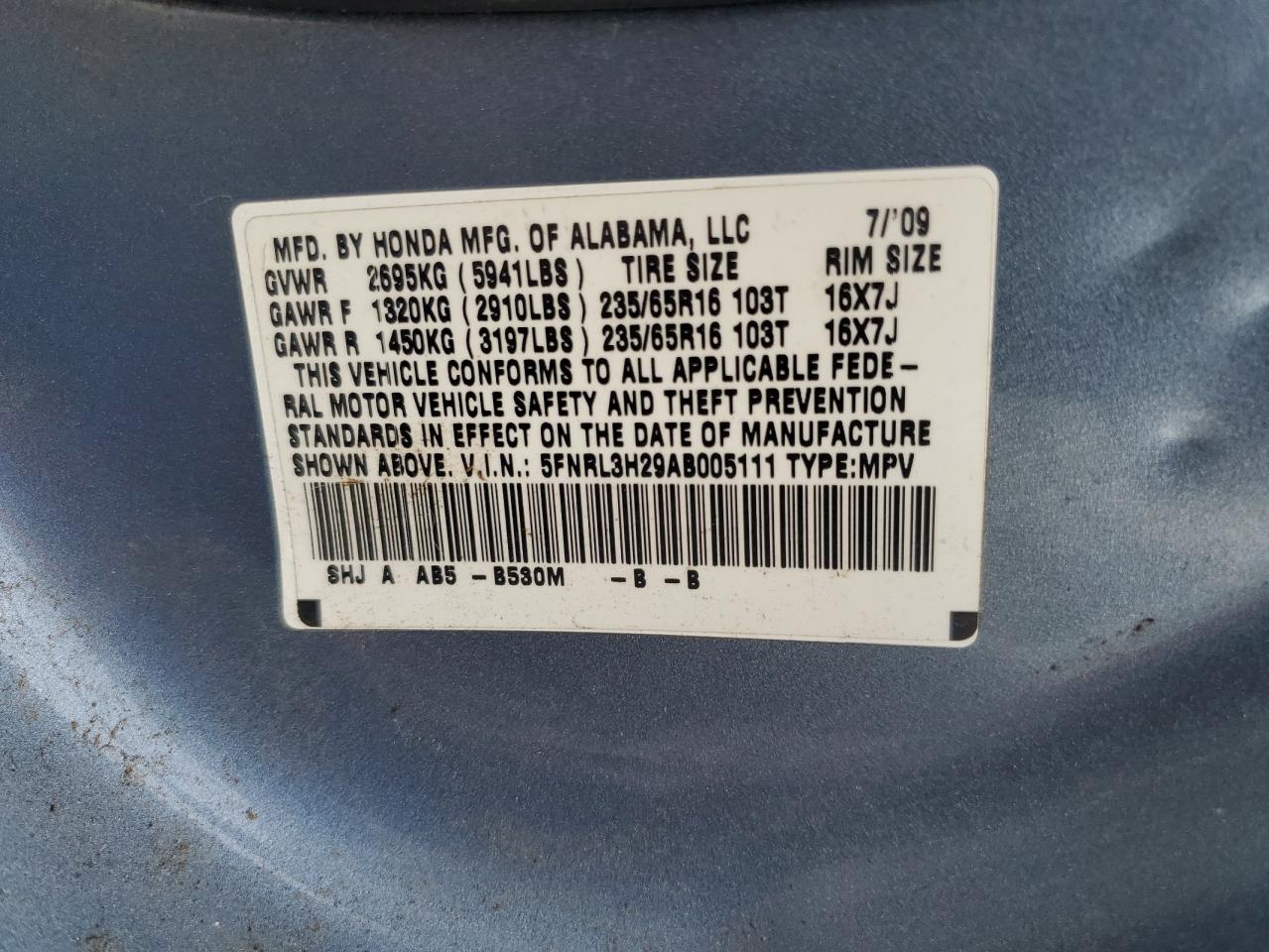 2010 Honda Odyssey Lx VIN: 5FNRL3H29AB005111 Lot: 65005735