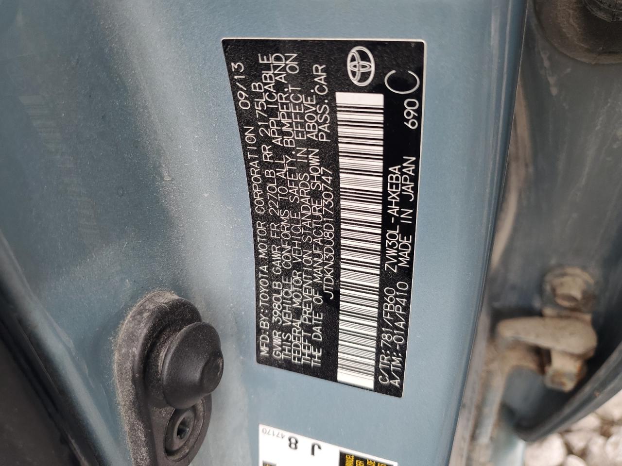 2013 Toyota Prius VIN: JTDKN3DU8D1730747 Lot: 65408555