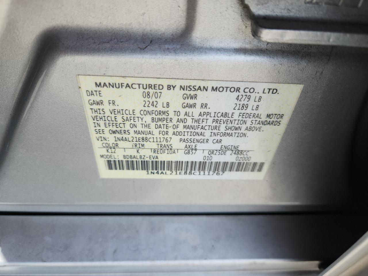 2008 Nissan Altima 2.5 VIN: 1N4AL21E88C111767 Lot: 65632015
