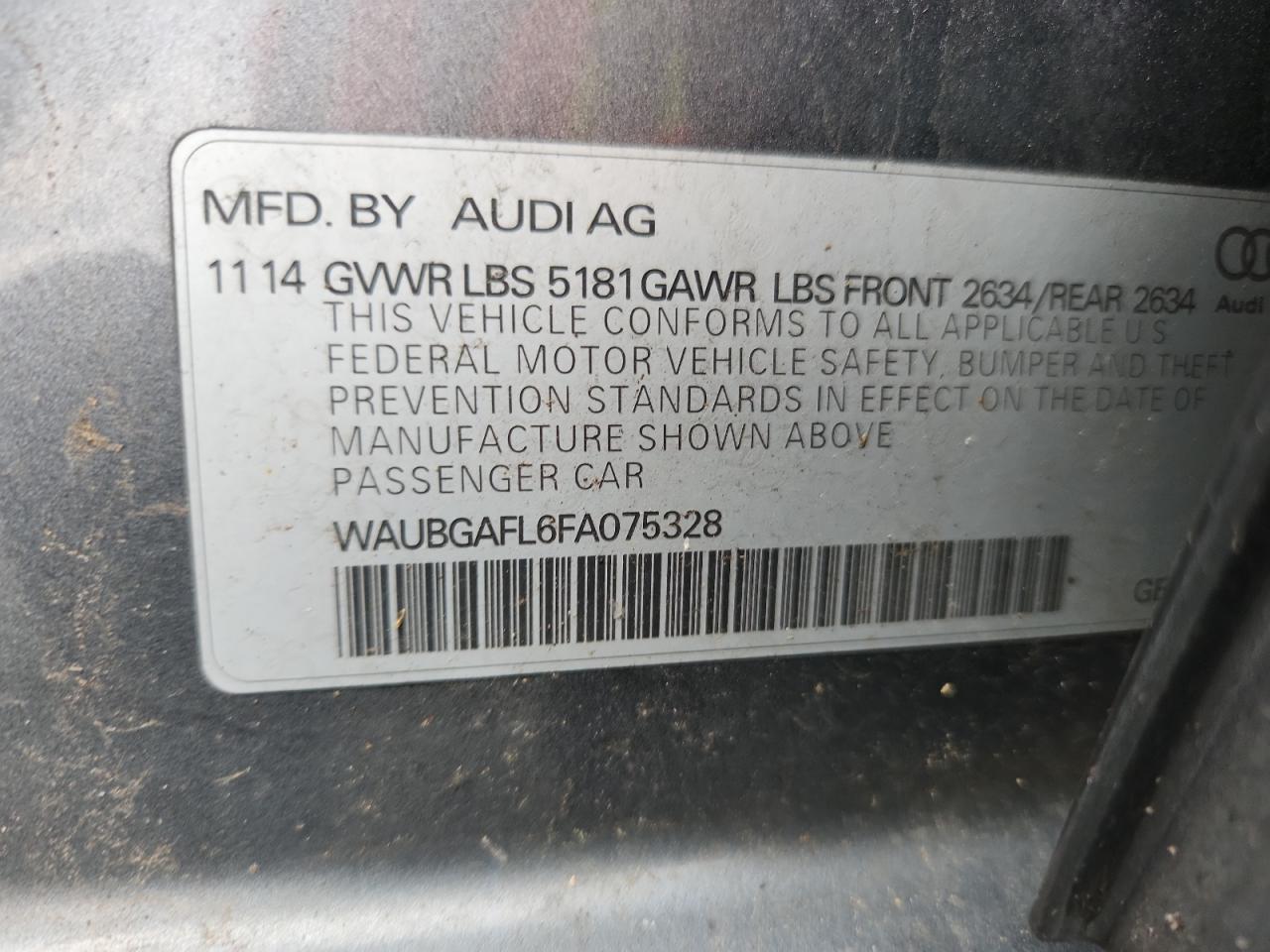 2015 Audi S4 Premium Plus VIN: WAUBGAFL6FA075328 Lot: 63633385