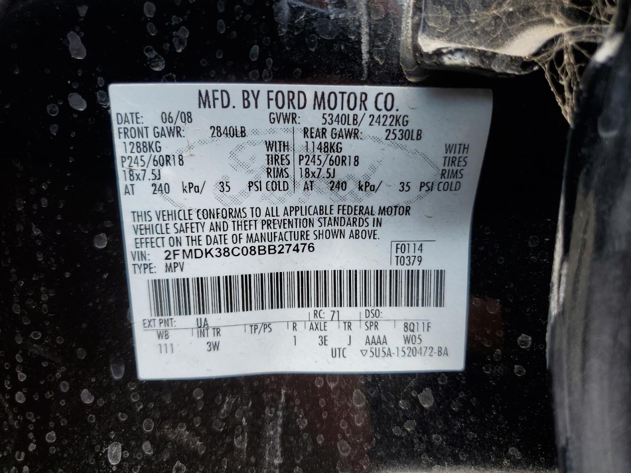 2008 Ford Edge Sel VIN: 2FMDK38C08BB27476 Lot: 65265025