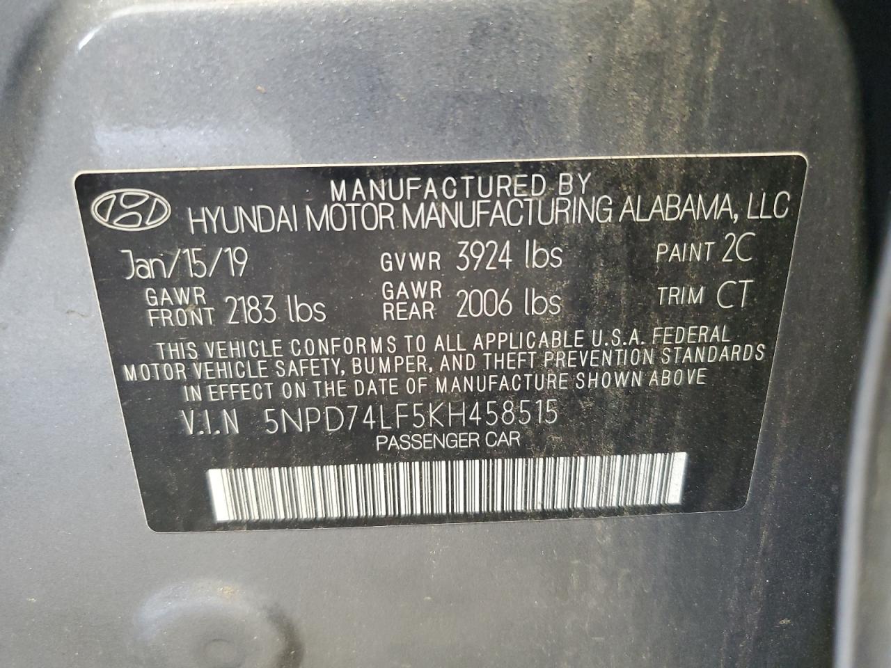 2019 Hyundai Elantra Se VIN: 5NPD74LF5KH458515 Lot: 63029885