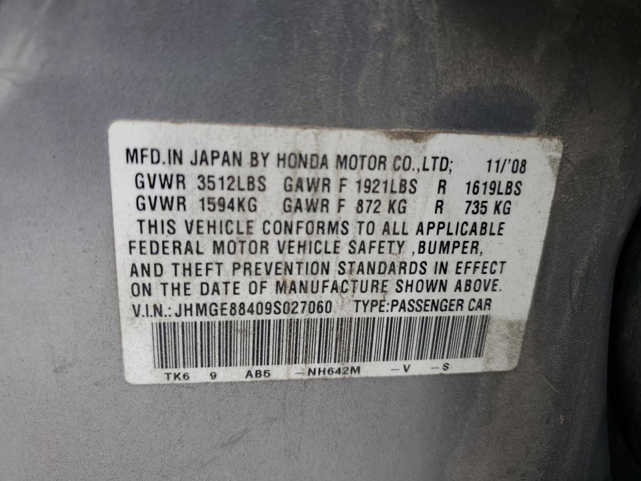 2009 Honda Fit Sport VIN: JHMGE88409S027060 Lot: 63126785