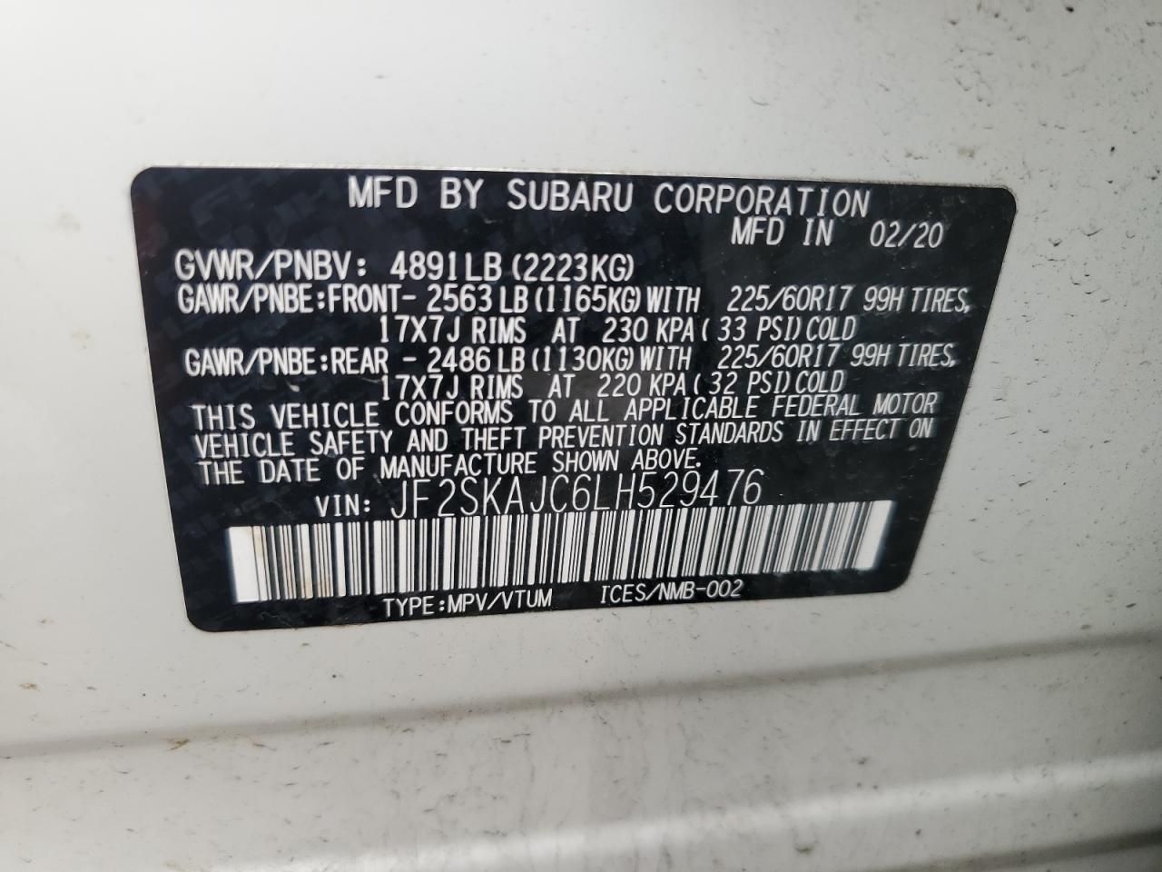 2020 Subaru Forester Premium VIN: JF2SKAJC6LH529476 Lot: 62826985