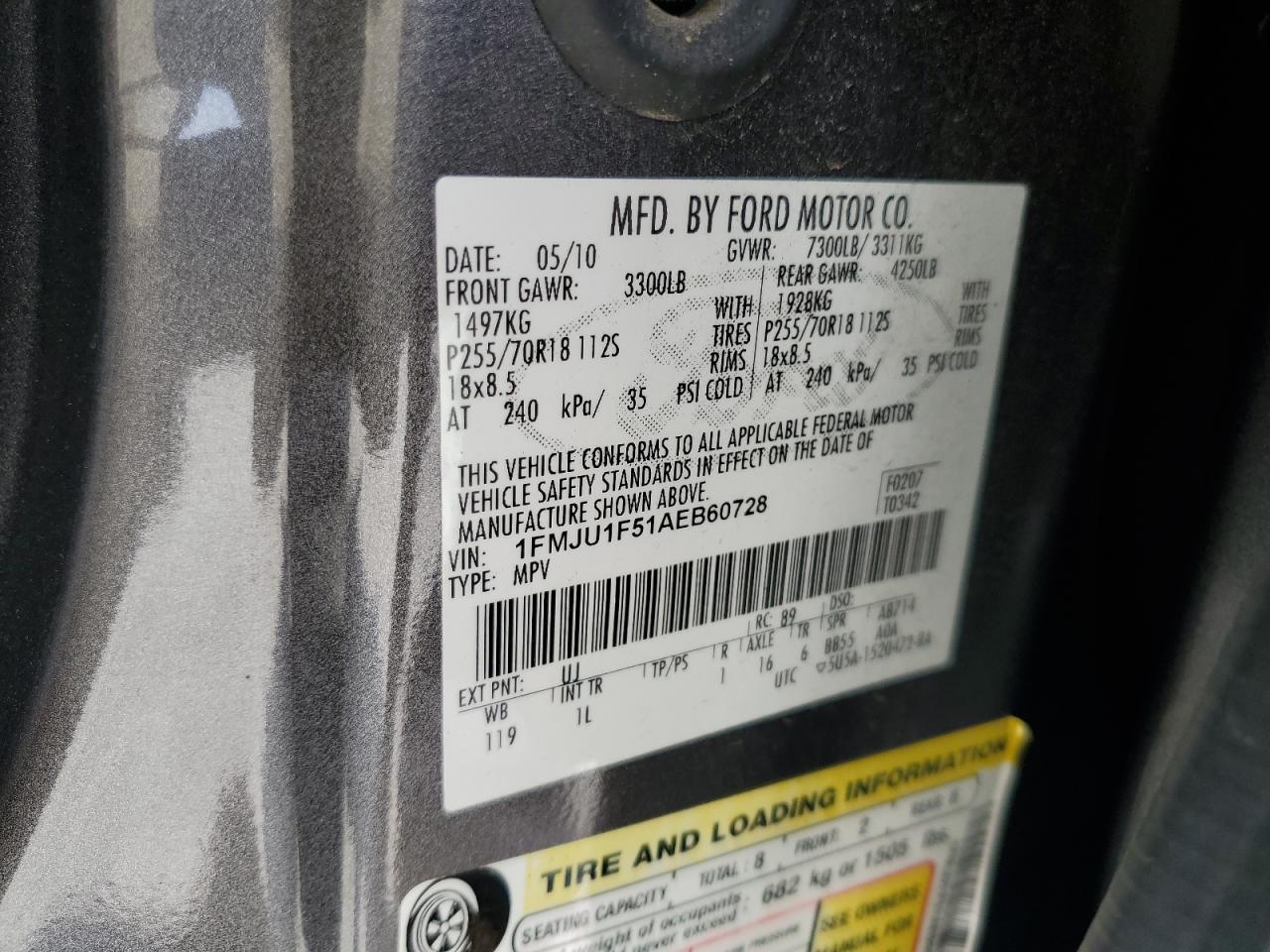 2010 Ford Expedition Xlt VIN: 1FMJU1F51AEB60728 Lot: 64400455