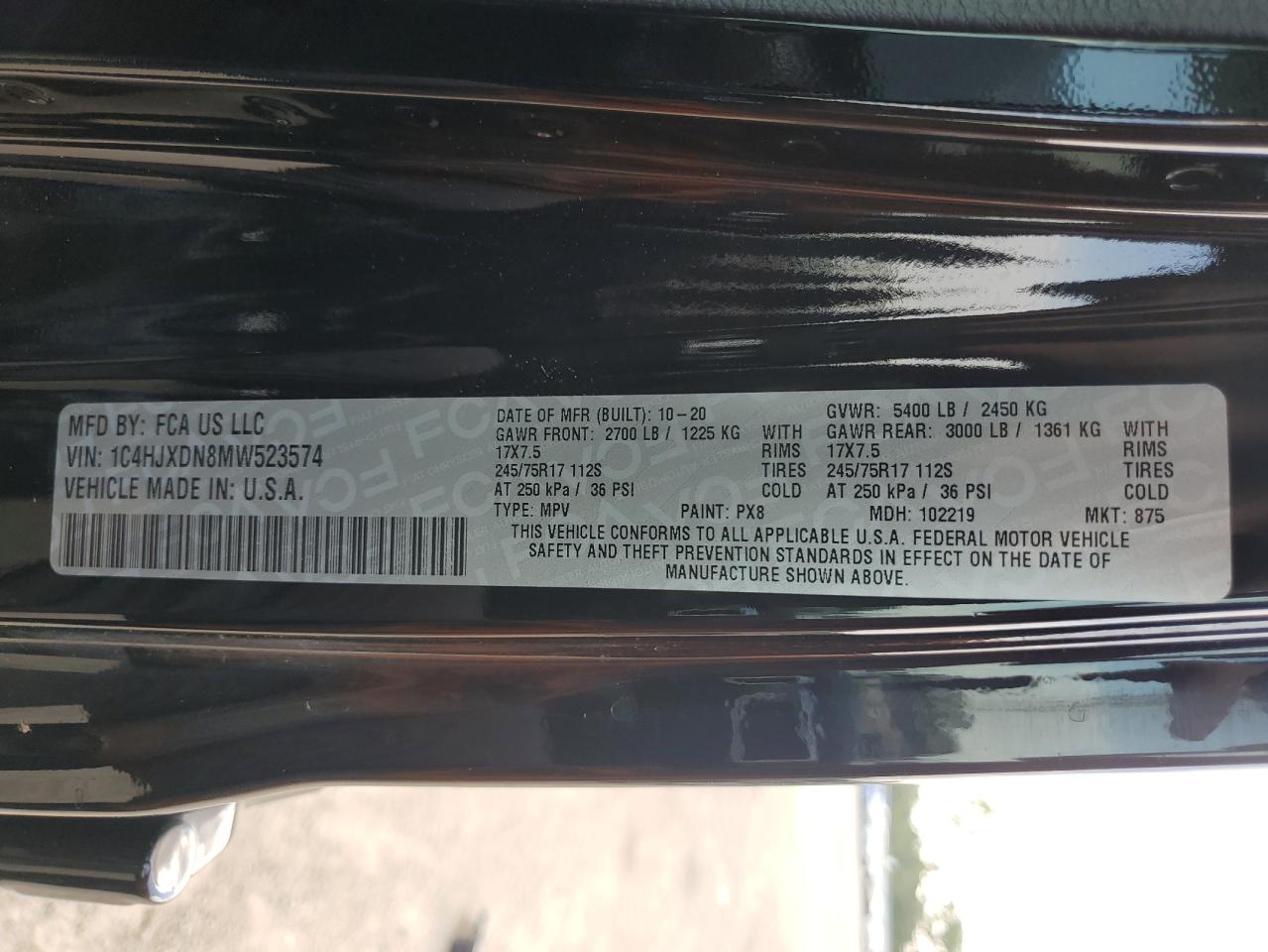 2021 Jeep Wrangler Unlimited Sport VIN: 1C4HJXDN8MW523574 Lot: 63010355