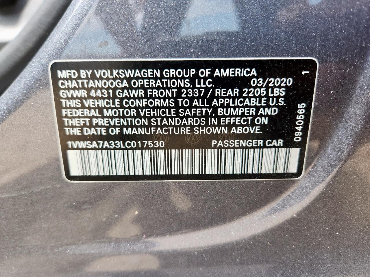 2020 Volkswagen Passat Se VIN: 1VWSA7A33LC017530 Lot: 63800755