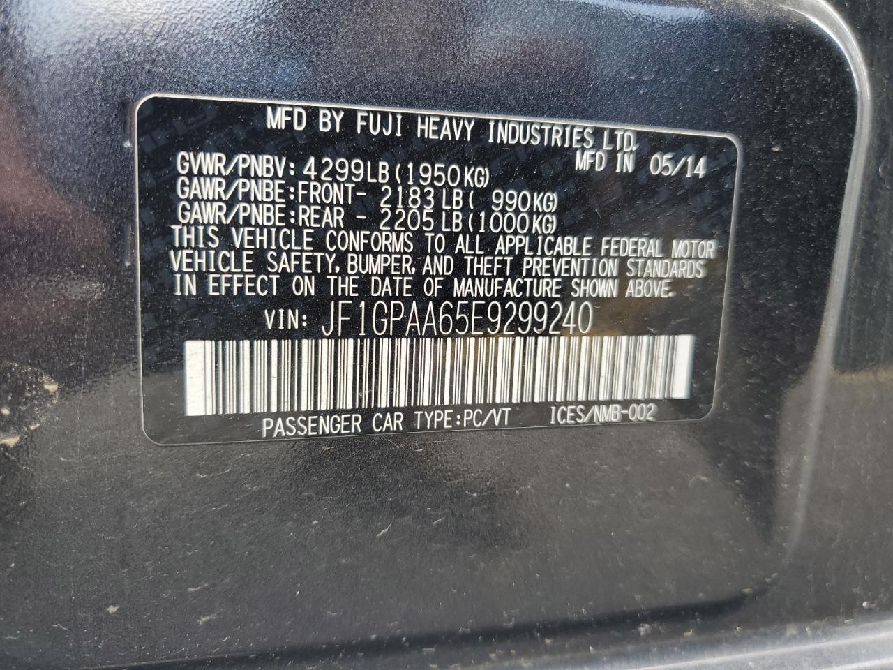 2014 Subaru Impreza VIN: JF1GPAA65E9299240 Lot: 62464995