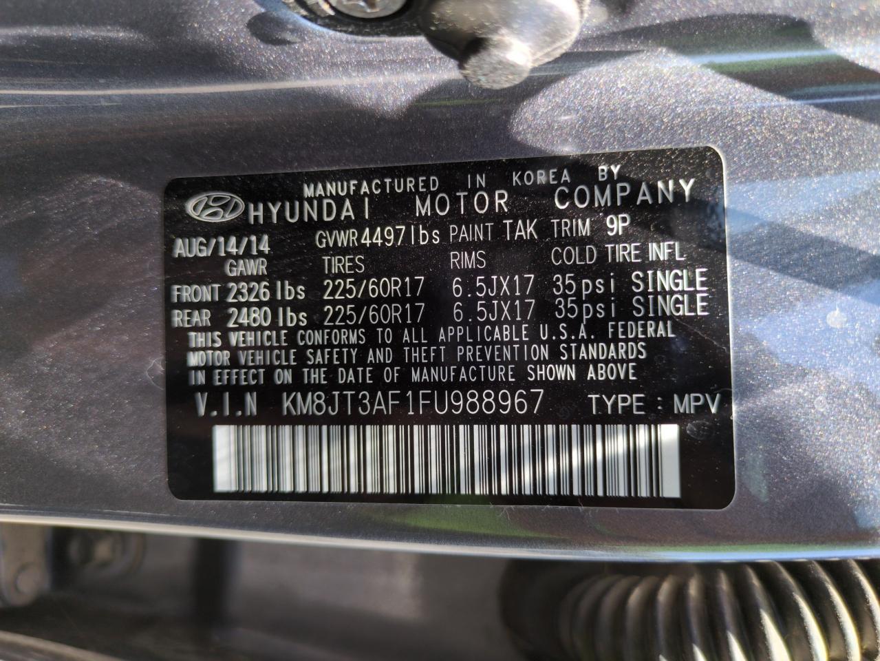 2015 Hyundai Tucson Gls VIN: KM8JT3AF1FU988967 Lot: 64972465