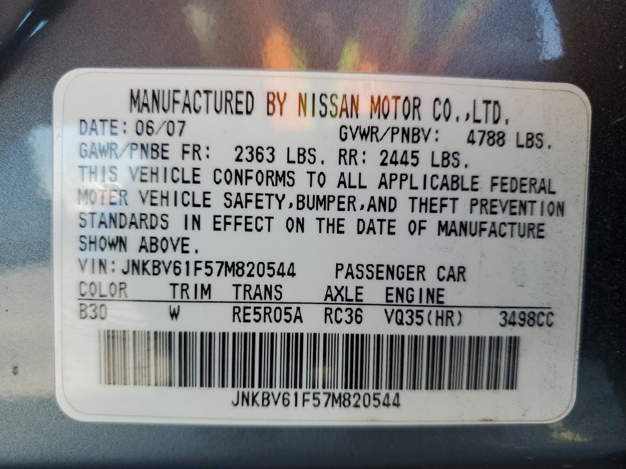 2007 Infiniti G35 VIN: JNKBV61F57M820544 Lot: 63945835