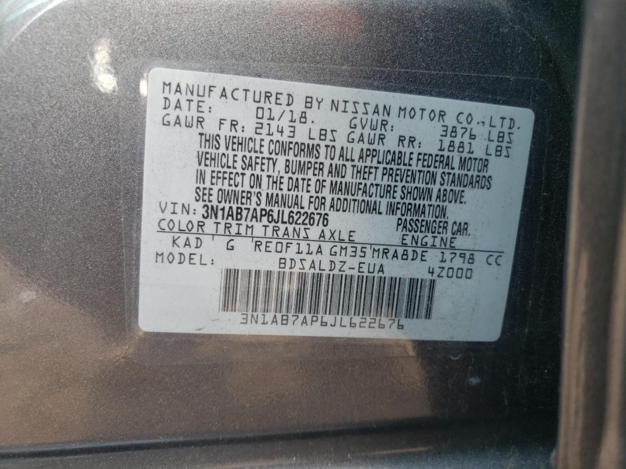 2018 Nissan Sentra S VIN: 3N1AB7AP6JL622676 Lot: 65043165