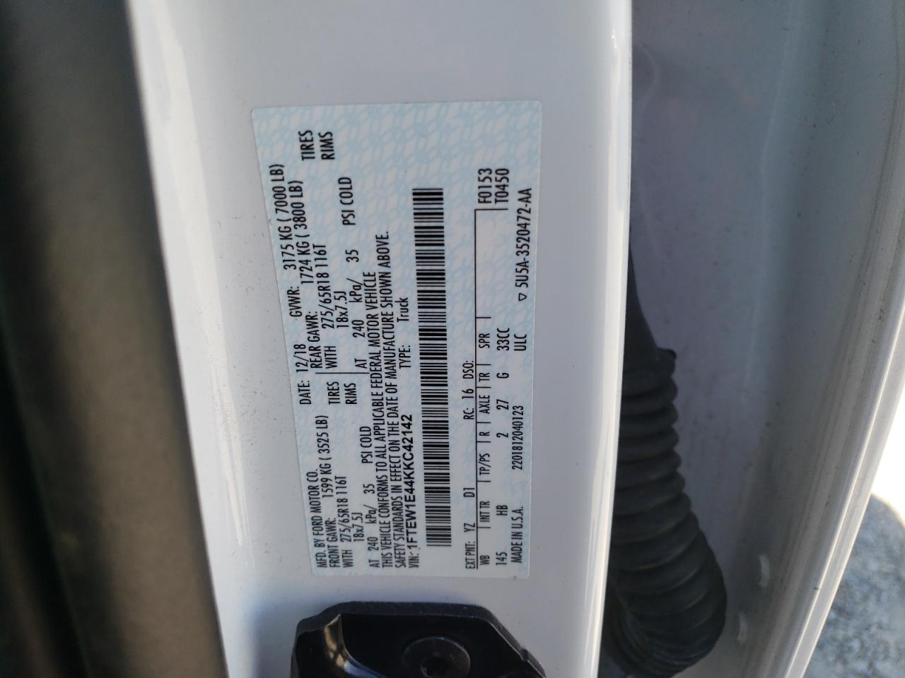 2019 Ford F150 Supercrew VIN: 1FTEW1E44KKC42142 Lot: 66345335