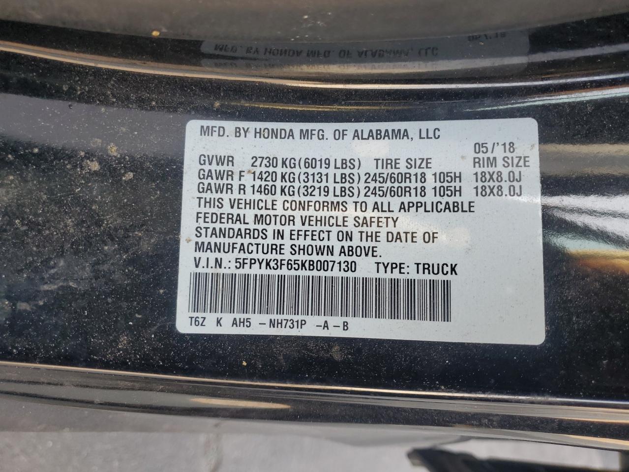 2019 Honda Ridgeline Rtl VIN: 5FPYK3F65KB007130 Lot: 87415215