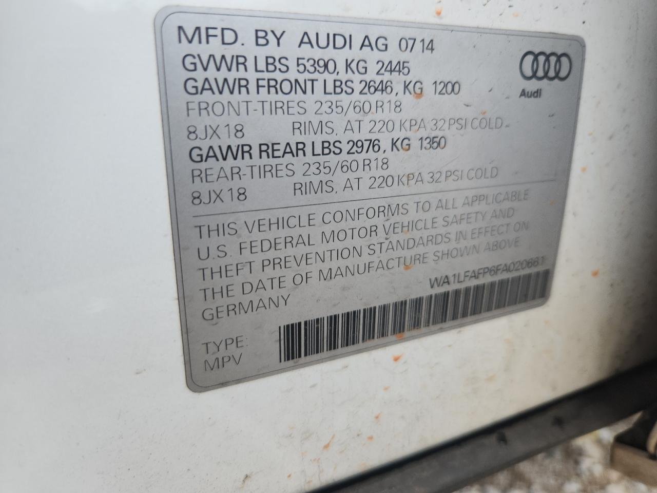 2015 Audi Q5 Premium Plus VIN: WA1LFAFP6FA020661 Lot: 63371725