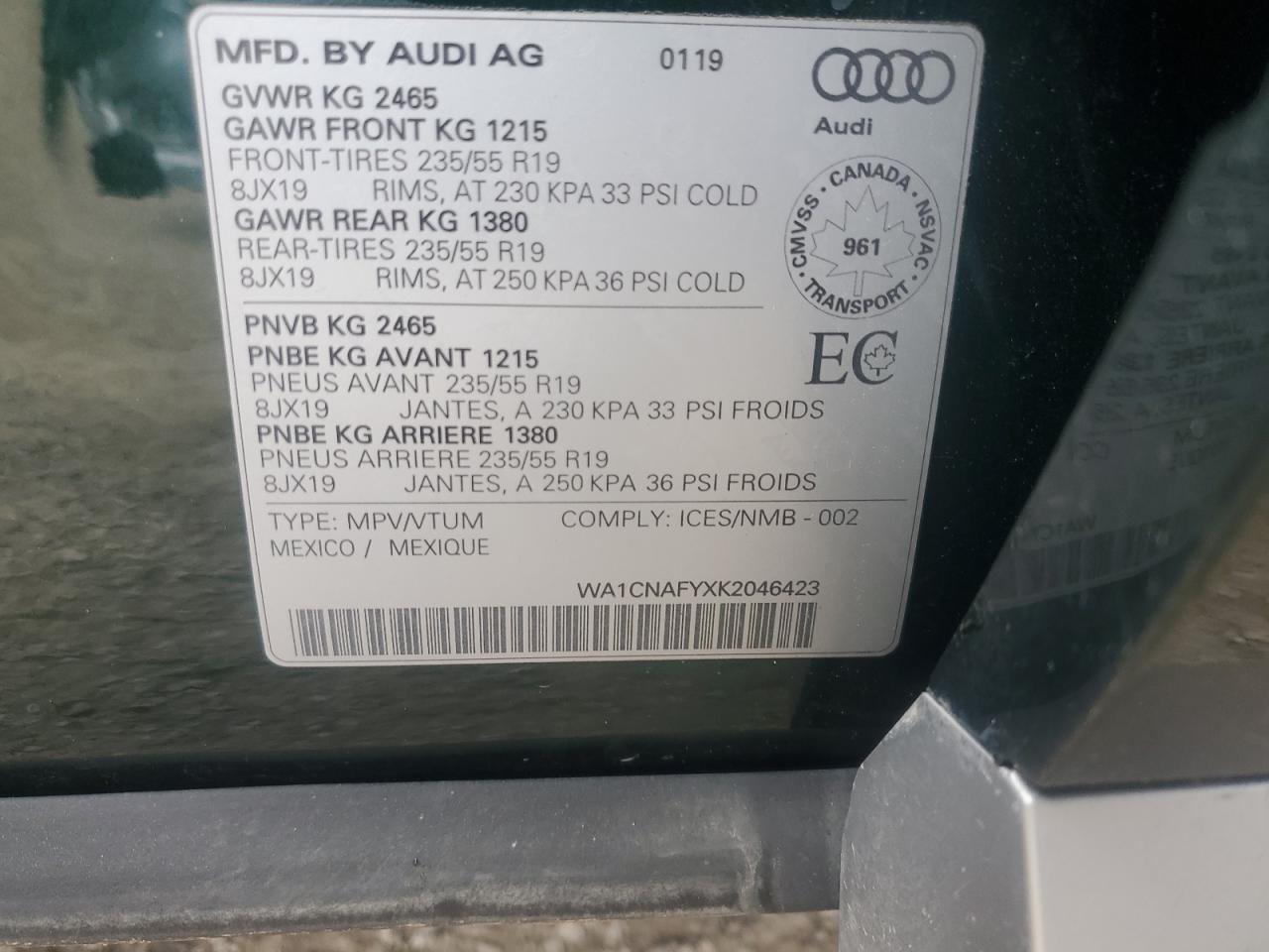 2019 Audi Q5 Prestige VIN: WA1CNAFYXK2046423 Lot: 61636565