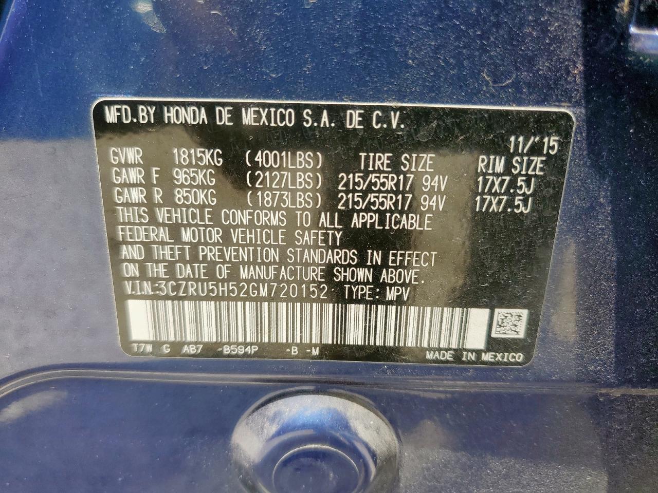 2016 Honda Hr-V Ex VIN: 3CZRU5H52GM720152 Lot: 64590705
