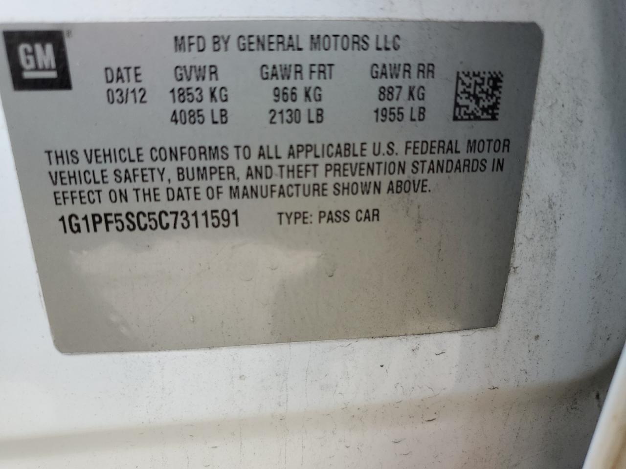 2012 Chevrolet Cruze Lt VIN: 1G1PF5SC5C7311591 Lot: 65082235