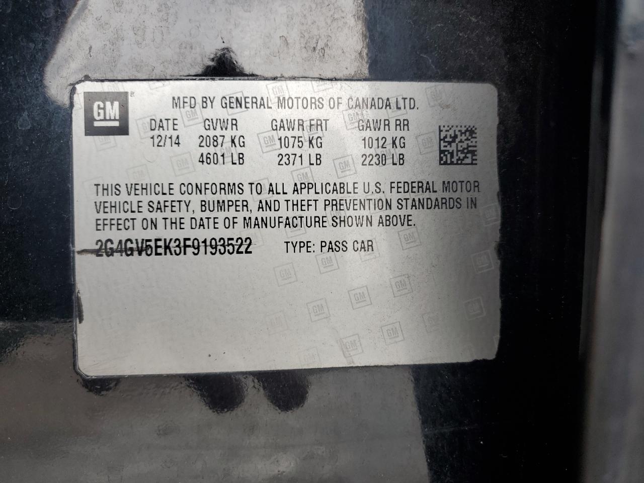 2015 Buick Regal VIN: 2G4GV5EK3F9193522 Lot: 65708575