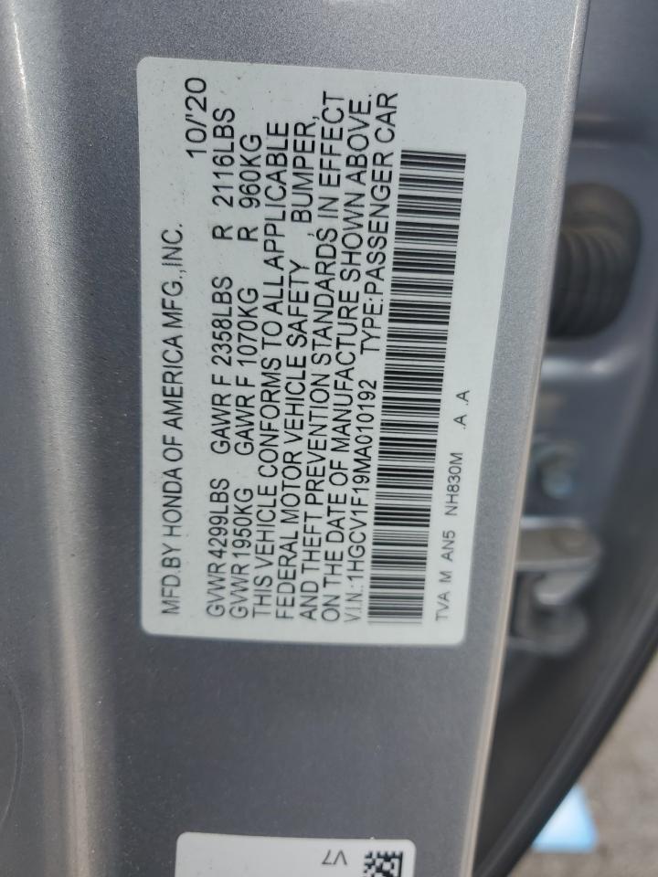 2021 Honda Accord Lx VIN: 1HGCV1F19MA010192 Lot: 63009425
