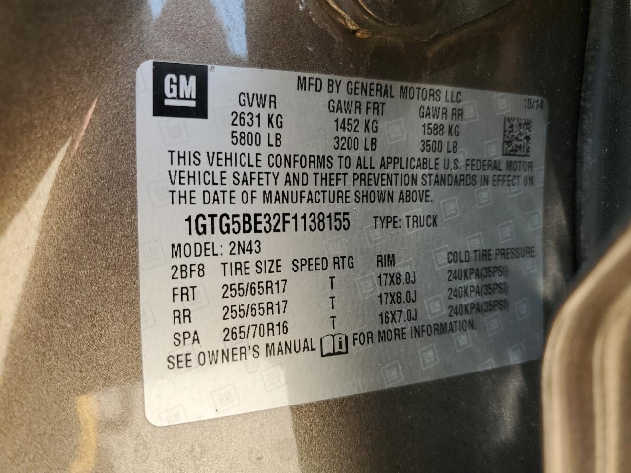 2015 GMC Canyon Sle VIN: 1GTG5BE32F1138155 Lot: 64965195