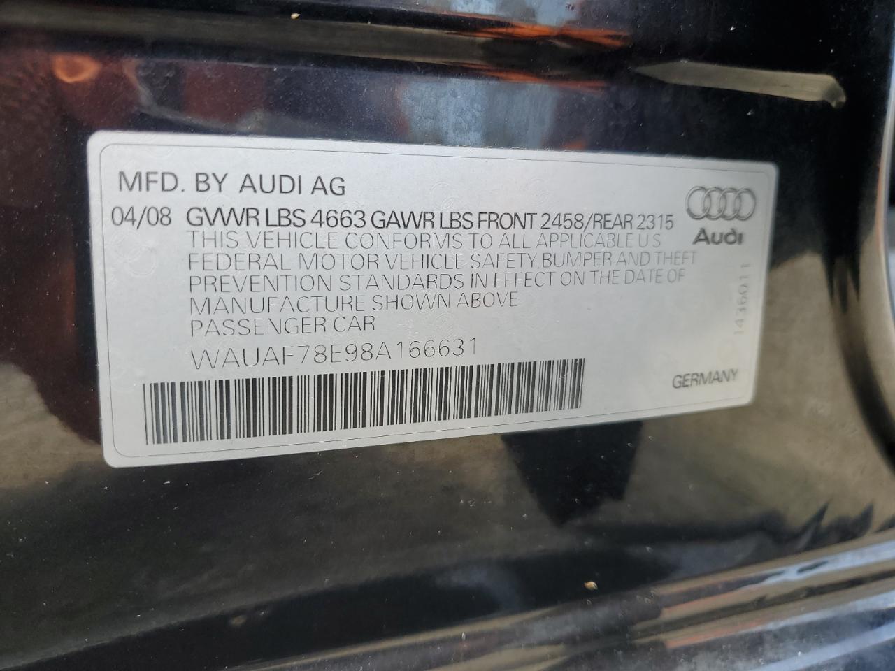 2008 Audi A4 2.0T VIN: WAUAF78E98A166631 Lot: 65085665