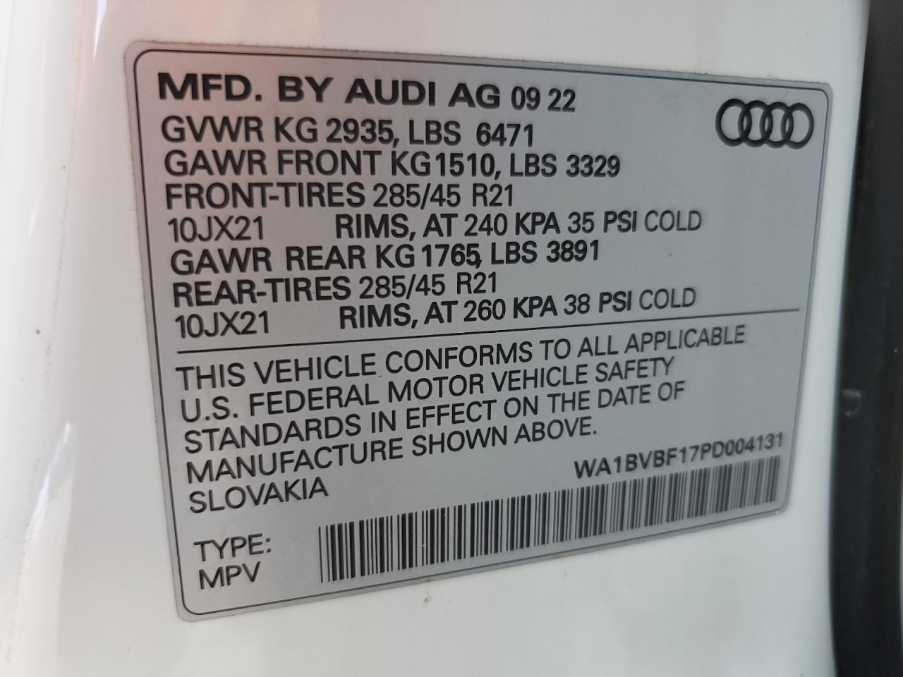 2023 Audi Q8 Premium Plus VIN: WA1BVBF17PD004131 Lot: 63589655