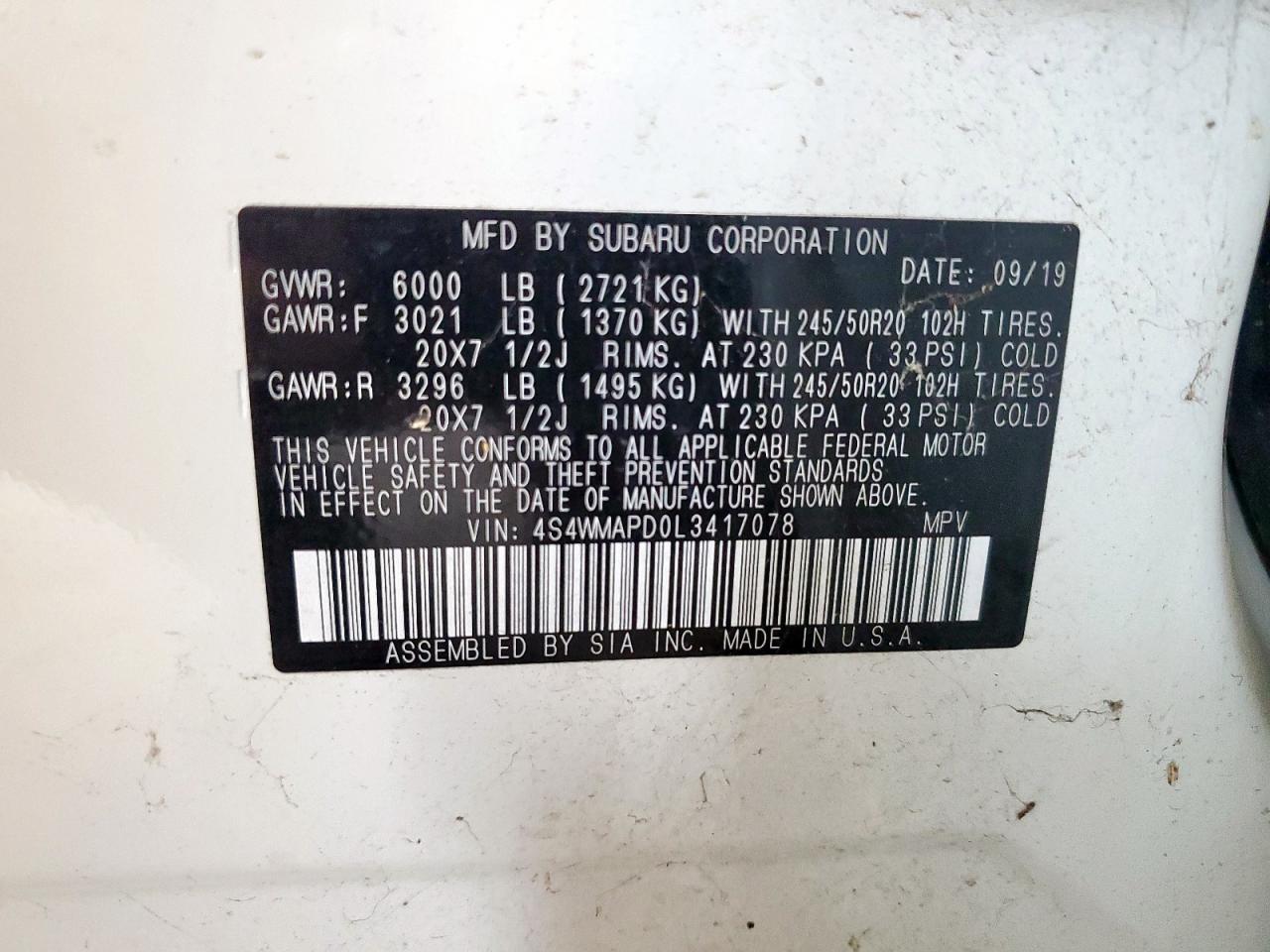 2020 Subaru Ascent Limited VIN: 4S4WMAPD0L3417078 Lot: 63427745