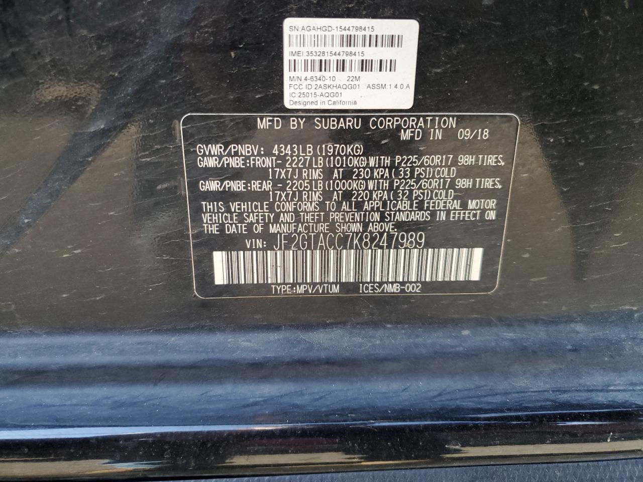 2019 Subaru Crosstrek Premium VIN: JF2GTACC7K8247989 Lot: 64138155