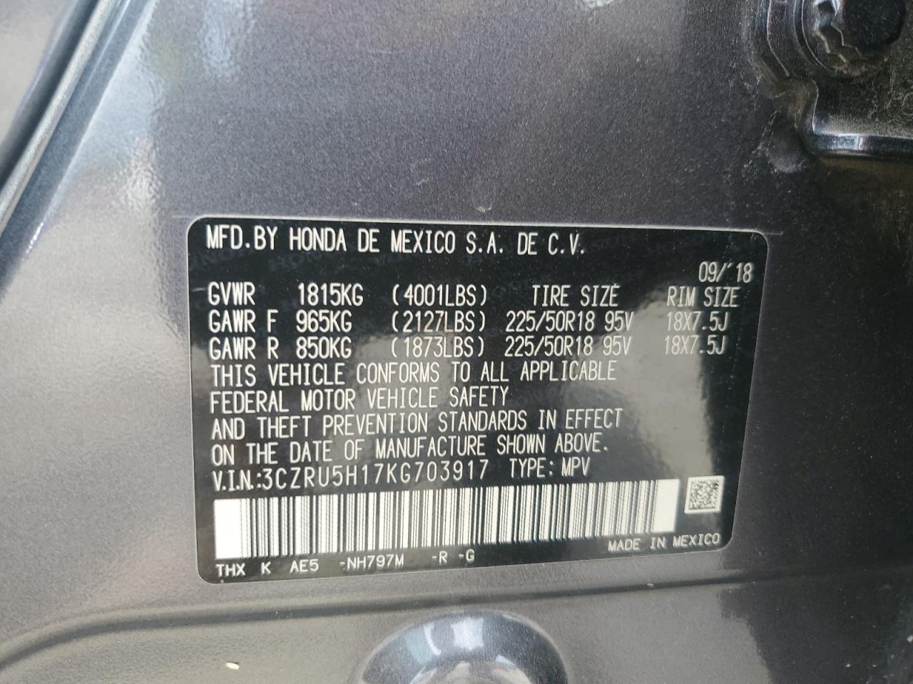 2019 Honda Hr-V Sport VIN: 3CZRU5H17KG703917 Lot: 66926495