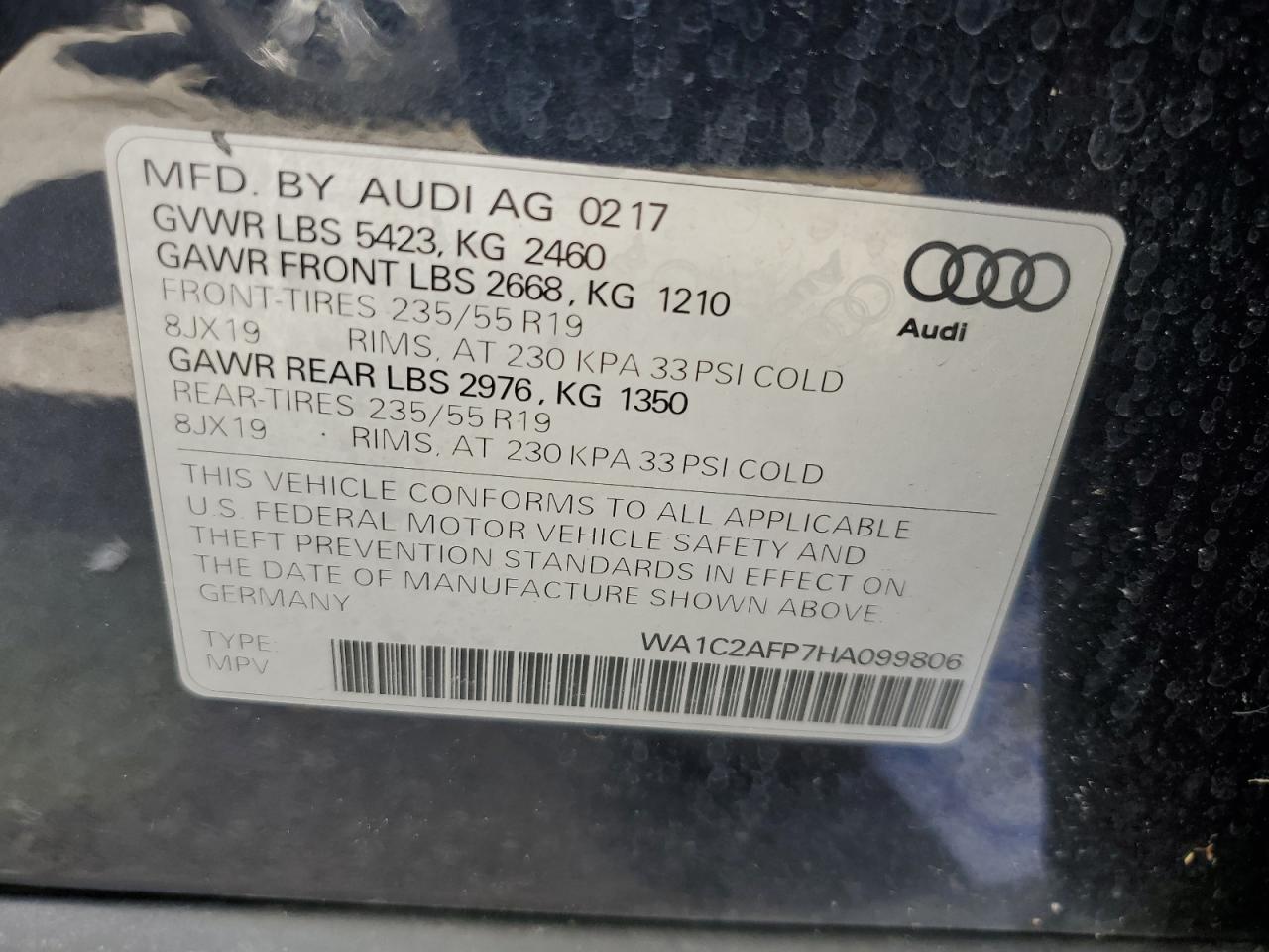 2017 Audi Q5 Premium VIN: WA1C2AFP7HA099806 Lot: 65737445