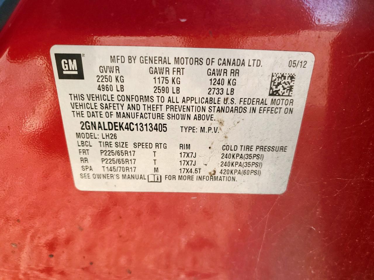 2012 Chevrolet Equinox Lt VIN: 2GNALDEK4C1313405 Lot: 65020555