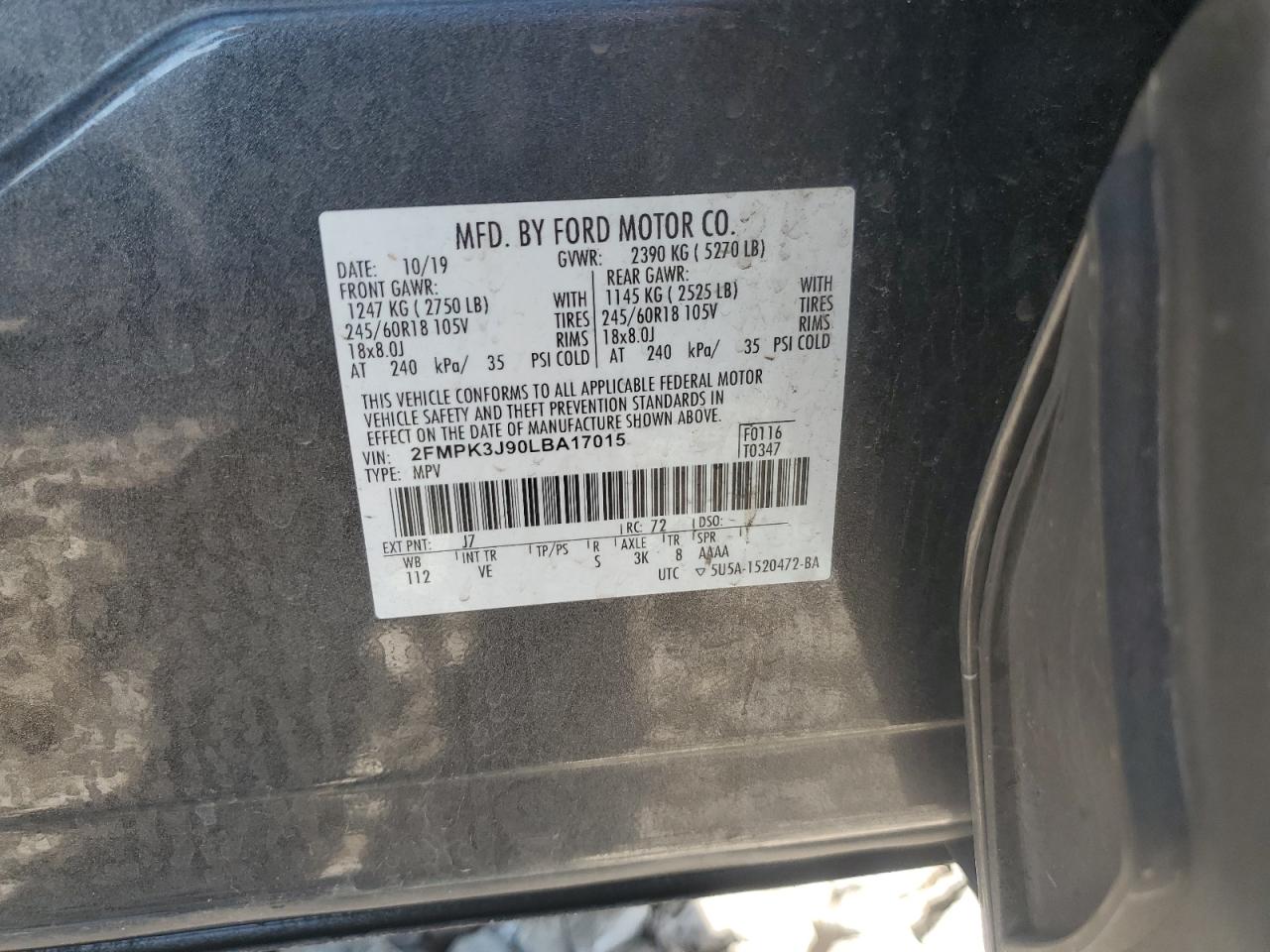 2020 Ford Edge Sel VIN: 2FMPK3J90LBA17015 Lot: 62752125