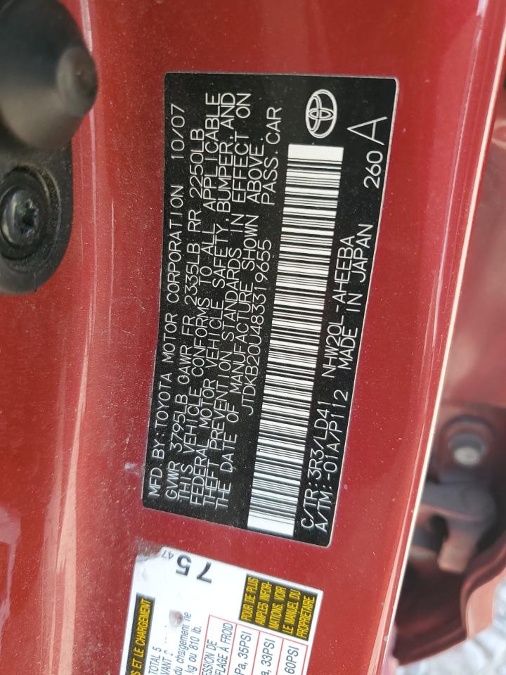 2008 Toyota Prius VIN: JTDKB20U483319655 Lot: 64805495