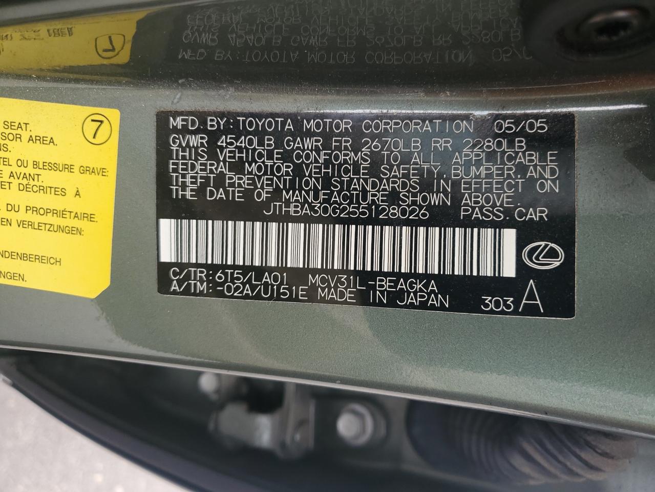 2005 Lexus Es 330 VIN: JTHBA30G255128026 Lot: 62953225