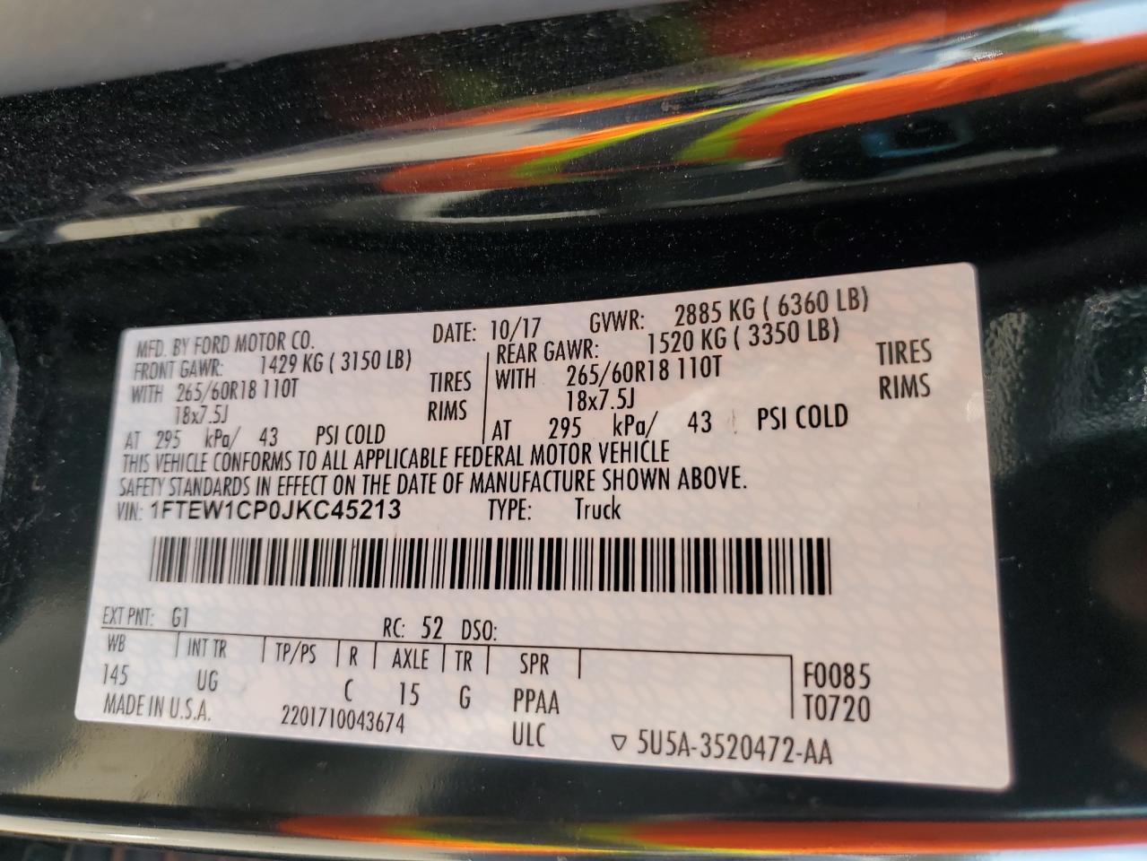 2018 Ford F150 Supercrew VIN: 1FTEW1CP0JKC45213 Lot: 65411955