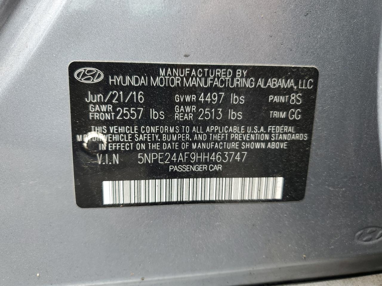 2017 Hyundai Sonata Se VIN: 5NPE24AF9HH463747 Lot: 62899265