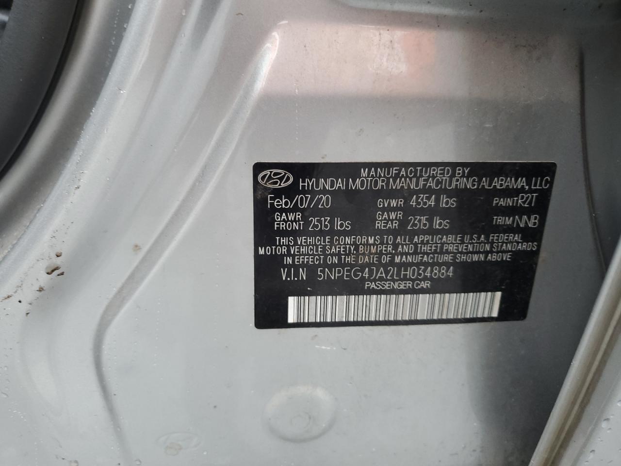 2020 Hyundai Sonata Se VIN: 5NPEG4JA2LH034884 Lot: 63327585
