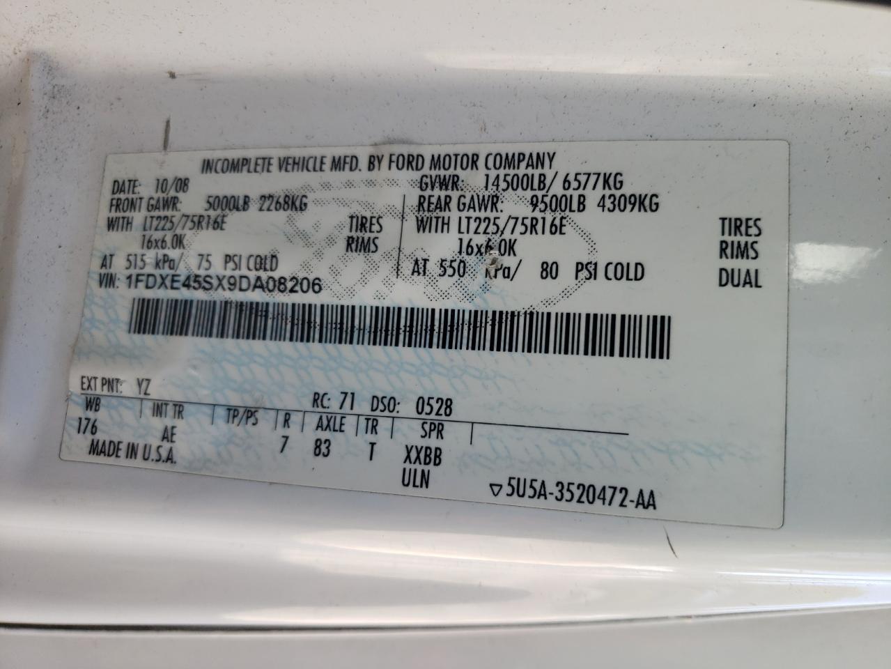 2009 Ford Econoline E450 Super Duty Cutaway Van VIN: 1FDXE45SX9DA08206 Lot: 63551895